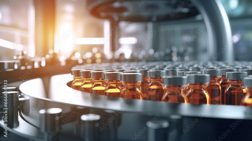 Obraz premium Jar filling with tablets on a packaging line in a pharmaceutical factory.
