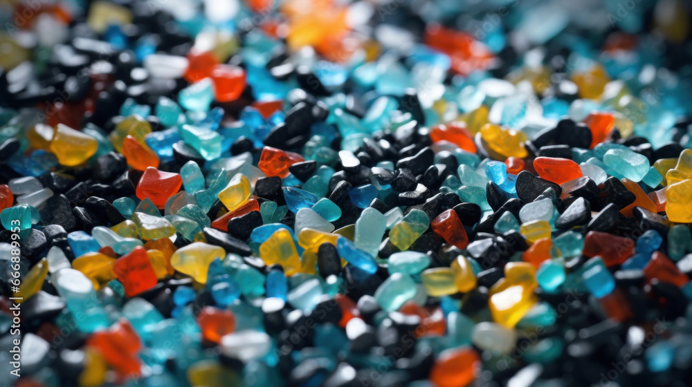 Recycled crushed plastic granules turned into new reused material. Plastic crossover. Recycled crushed plastic granules turned into new reused material. Plastic crossover.