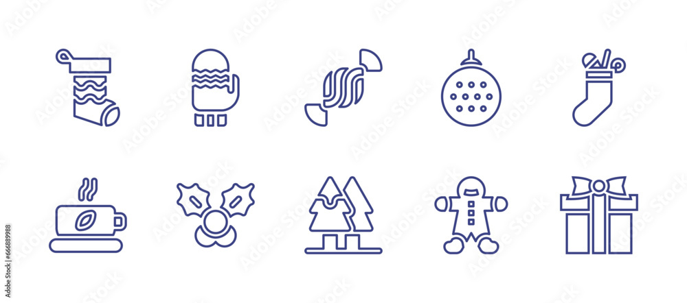 Christmas line icon set. Editable stroke. Vector illustration. Containing christmas sock, gifts, christmas decoration, gingerbread man, cocoa, candy, tree, winter gloves, mistletoe.