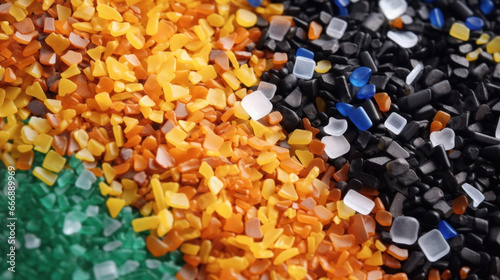 Recycled crushed plastic granules turned into new reused material. Plastic crossover.