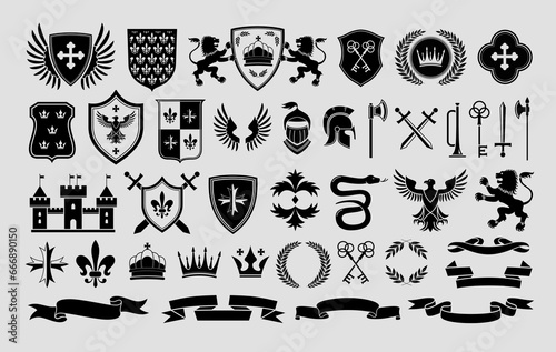 Stencil heraldic emblem templates. Traditional snake, lion and eagle symbols. Medieval weapons, shields and royal castle labels vector set
