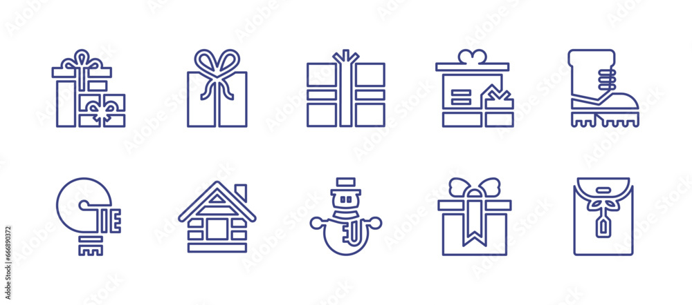 Christmas line icon set. Editable stroke. Vector illustration. Containing cabin, present, boot, gift box, scarf, snowman, gift.