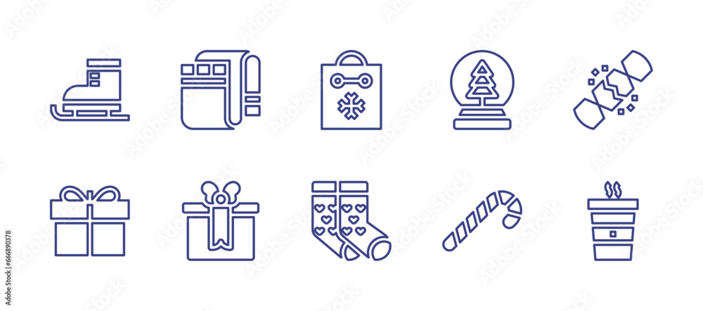 Christmas line icon set. Editable stroke. Vector illustration. Containing snowglobe, blanket, christmas, candy cane, christmas present, hot drink, shopping bag, christmas socks, ice skate, giftbox.