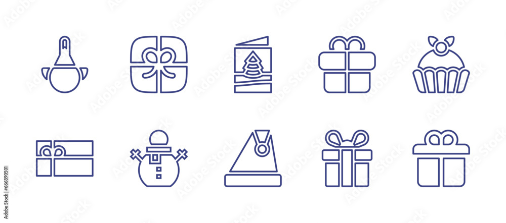 Christmas line icon set. Editable stroke. Vector illustration. Containing gift, muffin, gift box, snowman, card, christmas hat, gift card, elf.