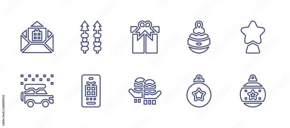 Christmas line icon set. Editable stroke. Vector illustration. Containing star, bauble, canapes, christmas, christmas present, gift, gloves, transport.