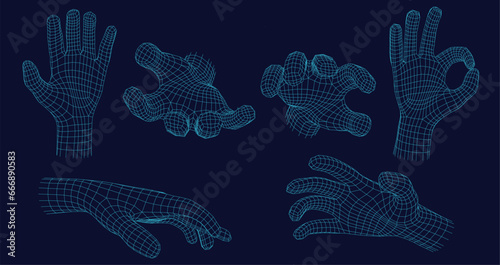 Wireframe hand gestures. Grabbing gesture, open palm and digital ok hand sign in futuristic 3D hologram mesh grid style vector set with editable stroke paths