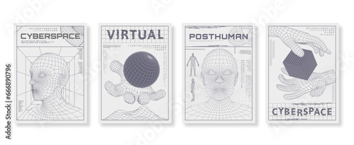 Posters with wireframe human head. Low poly 3D cyberspace streetwear print, cyber virtual poster with futuristic waves vector illustration set with editable stroke paths