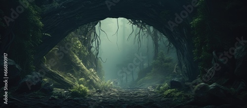 Fotografia Enchanted fairy forest archway misty dark background
