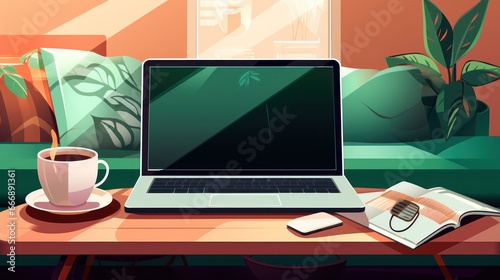 A mac laptop staying on the table with cup of coffee aside in cozy home atmosphere. WIth copy space