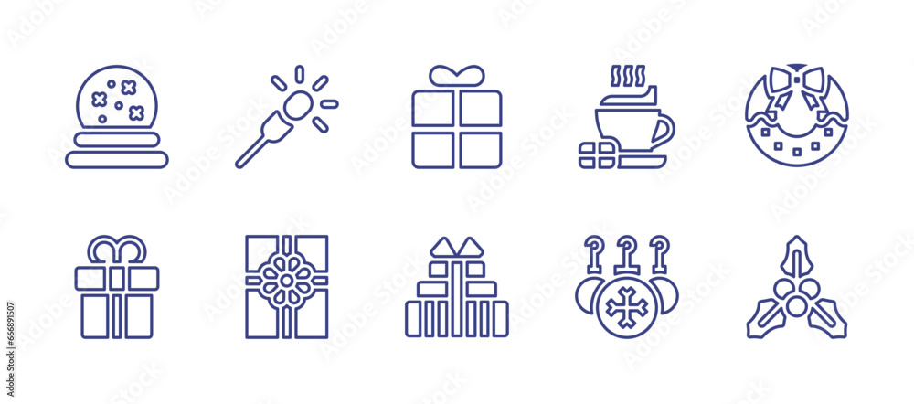 Christmas line icon set. Editable stroke. Vector illustration. Containing sparkler, box, hot chocolate, bauble, christmas wreath, mistletoe, snow globe, gift box, gift.