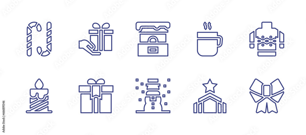 Christmas line icon set. Editable stroke. Vector illustration. Containing boxing day, gift box, cocoa, manger, sweater, bow, candy cane, ticket office, candle, snowman.