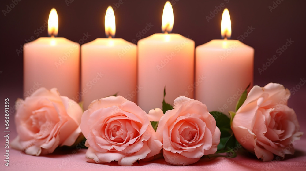 Fototapeta premium candle and roses HD 8K wallpaper Stock Photographic Image 
