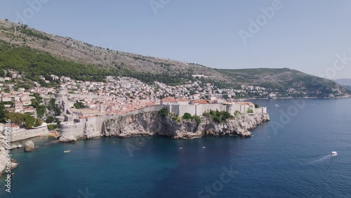 Aerial- Dubrovnik, Croatia: Coastal cliffs, old town, Adriatic Sea panorama