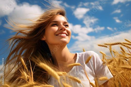 smiling Woman in a field of ripe grain with a blue sky and a few clouds