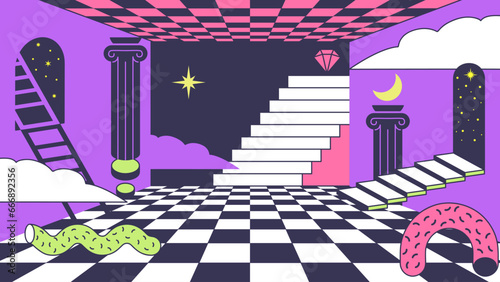 Surreal background. Trippy room with checkered floor, abstract stairs and psychedelic portal doors. Surrealistic liminal space vector illustration