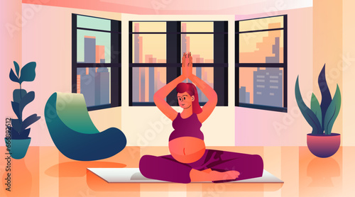 pregnant woman sitting lotus pose and doing yoga exercise pregnancy motherhood expectation concept modern living room interior