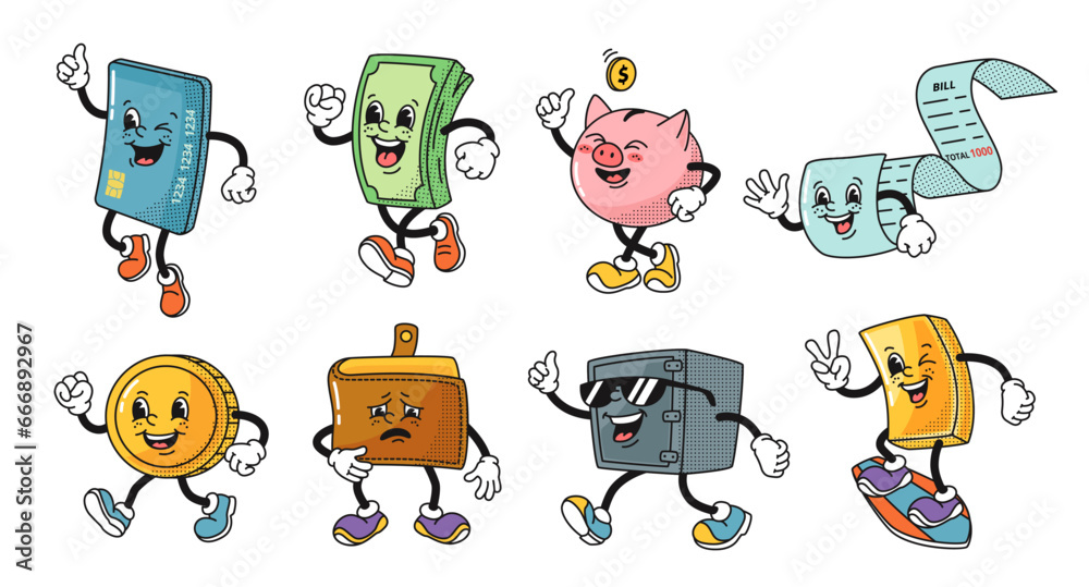 Cartoon banking mascots. Money, bank card, wallet and safe characters in retro 1930s rubber hose animation style. Isolated vector illustration set - obrazy, fototapety, plakaty 