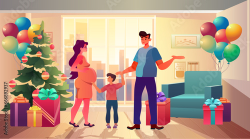 pregnant woman with son and husband standing near decorated christmas tree pregnancy motherhood expectation concept