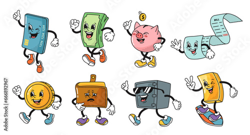 Cartoon banking mascots. Money, bank card, wallet and safe characters in retro 1930s rubber hose animation style. Isolated vector illustration set