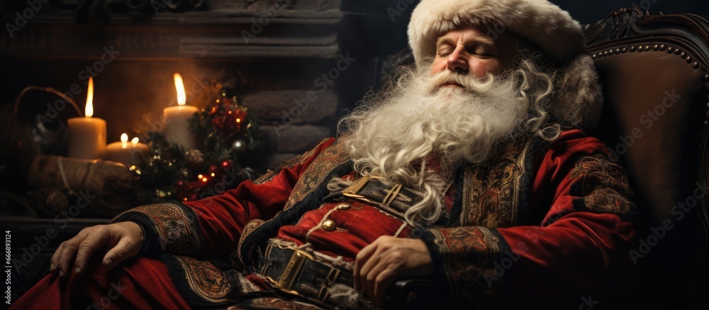 Santa Claus relaxing by the fire and Christmas tree in his home