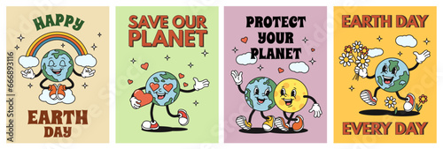 Cartoon planet Earth posters. Happy Earth day sticker, save our planet flyer with retro globe mascot character vector illustration set