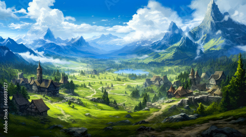 Fantasy landscape with mountains and lake.