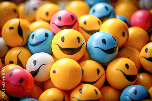 Funny smiley faces on the background of a group of balls