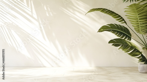 white marble countertop with tropical leaves. © mila103