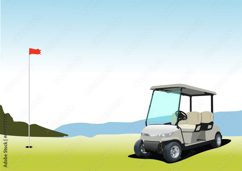 Electrical golf car on golf field background.