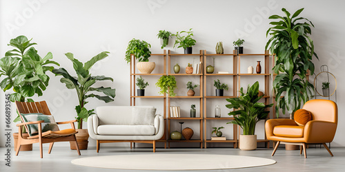 Minimalist Living Room with Greenery and Bookshelf. Simple Elegance: Minimalist Living Room with Lush Greenery