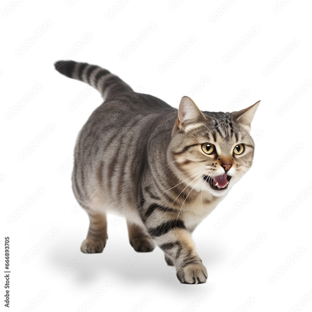 front view, a gray tabby cat is walking, isolated on transparent background.