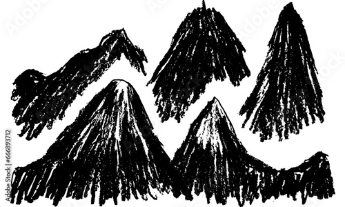 Hand-drawn shading mountains. Rough pencil illustration of mountain silhouette. Monochrome grunge design element. Abstract vector black doodle isolated on transparent background
