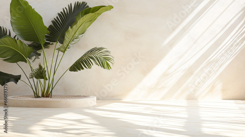 white marble countertop with tropical leaves.