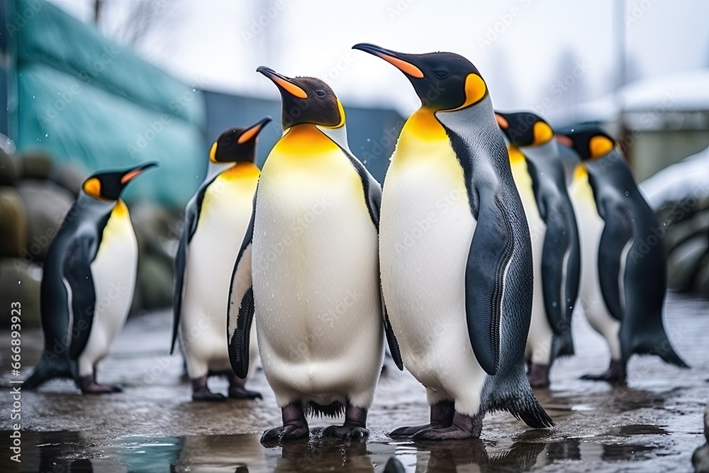 Obraz premium Group of king penguins in the zoo. King penguin Aptenodytes patagonicus, Group of king penguins in the zoo. Wildlife scene from nature, AI Generated