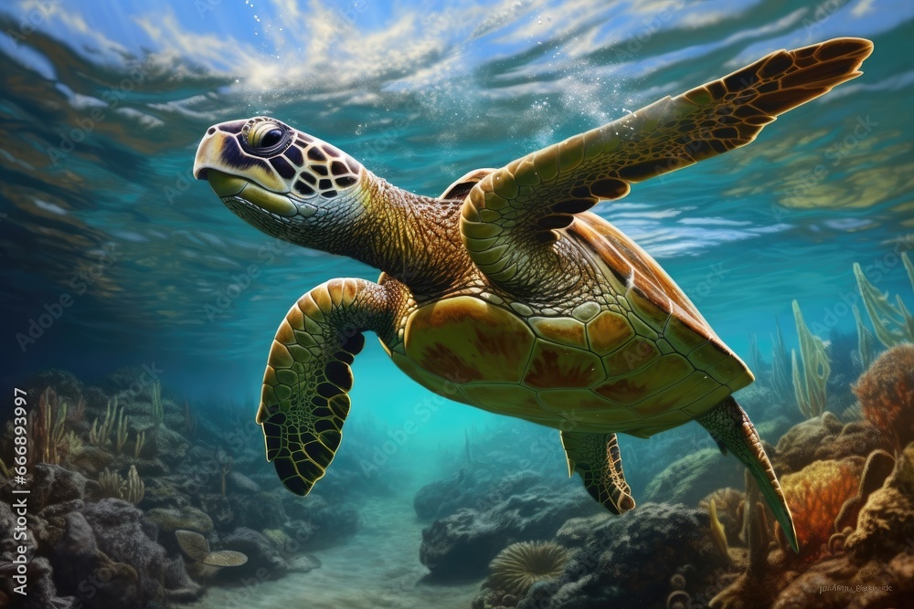 Obraz premium Green sea turtle swimming underwater in the ocean. 3d illustration, Hawaiian Green Sea Turtle Chelonia mydas in the Red Sea, AI Generated