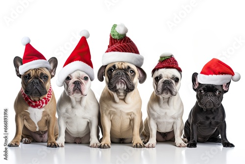 Group of five purebred french bulldog wearing santa claus hats sitting on white background, Group of dogs wearing christmas hats, isolated on white background, AI Generated © Ifti Digital