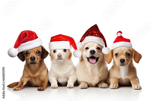 Group of cute dogs in santa hats  isolated on white background, Group of dogs wearing christmas hats, isolated on white background, AI Generated © Ifti Digital