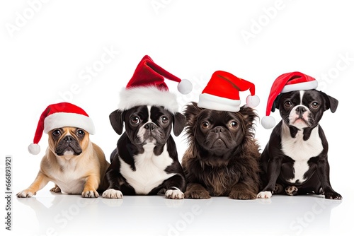 Group of four adorable french bulldog puppies in santa hats sitting and looking at camera. isolated on white background, Group of dogs wearing christmas hats, isolated on white, AI Generated © Ifti Digital