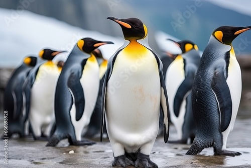 King penguins Aptenodytes patagonicus standing on a rock  Group of king penguins in the zoo. Wildlife scene from nature  AI Generated