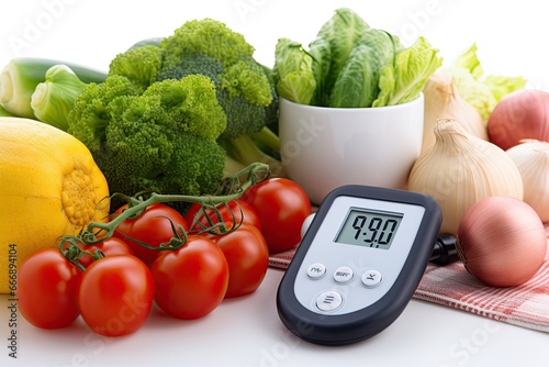 Glucometer with result of measurement sugar level and fresh vegetables, isolated on white, Healthy eating concept. Glucose meter, fresh vegetables and stethoscope on white background, AI Generated photo