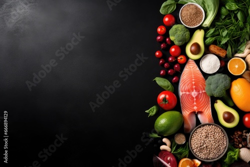 Selection of healthy food. Balanced diet concept. Top view with copy space, Healthy food clean eating selection: fish, fruits, vegetables, cereals and nuts, AI Generated
