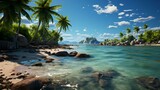 Beautiful tropical paradise sandy beach and sea with palm trees at seaside resort, seaside vacation concept, tourism