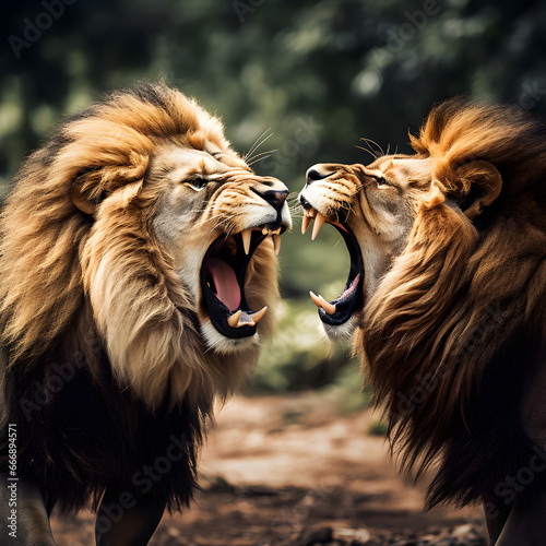 Two lions roaring at each other 