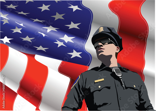 Policeman with walkie-talkie radio on American flag background.