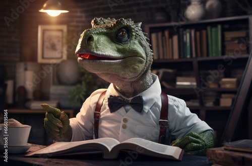 dinosaur scholar in white coat  engrossed in literature amidst a modern office library setting.