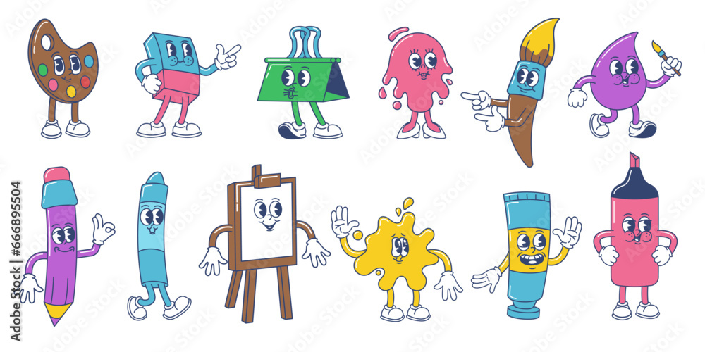Fototapeta premium Art supplies cartoon mascot. Funny art school characters, creative pallet, paint, pencil and easel with canvas vector illustration set