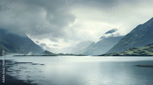  a large body of water with mountains in the background on a cloudy day. generative ai