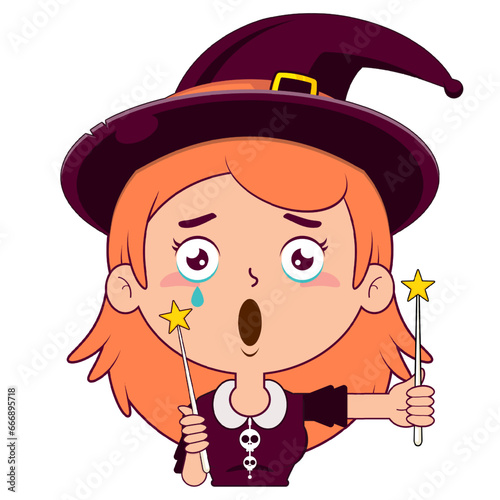 witch holding magic wand surprised face cartoon cute