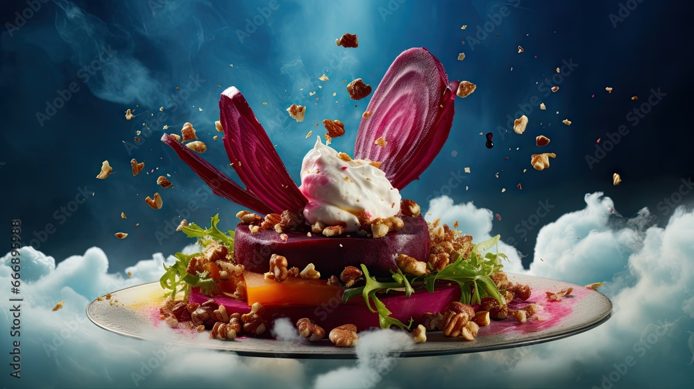 a plate of food with a flower on top of it. generative ai a plate of food with a flower on top of it. generative ai