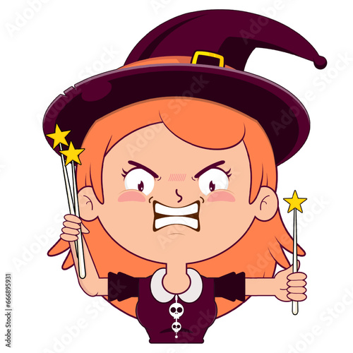 witch holding magic wand angry face cartoon cute